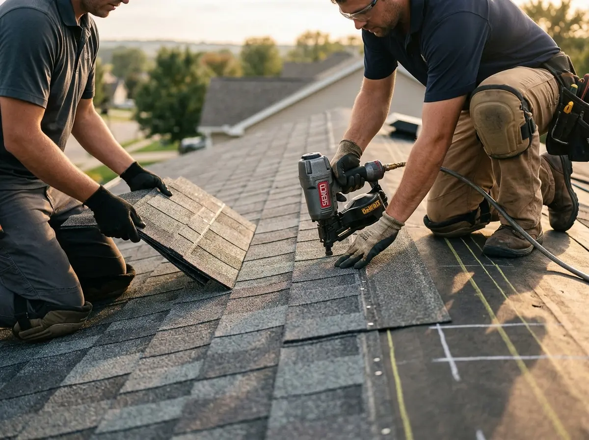 Professional roofer working on a residential roof in McKenzie